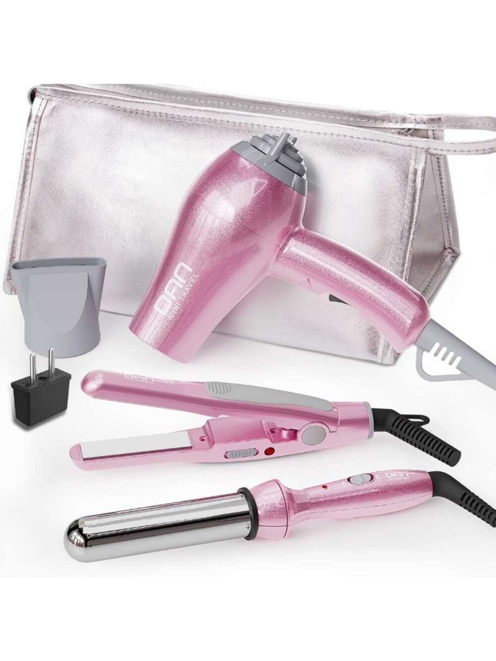 Travel Hair Styling Set - Mini Flat Iron, Curling Iron & Dryer, Dual Voltage